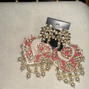 4” Traditional Gold-Plated, Kundan Pink & Gold Enamel & Faux Pearl Earrings